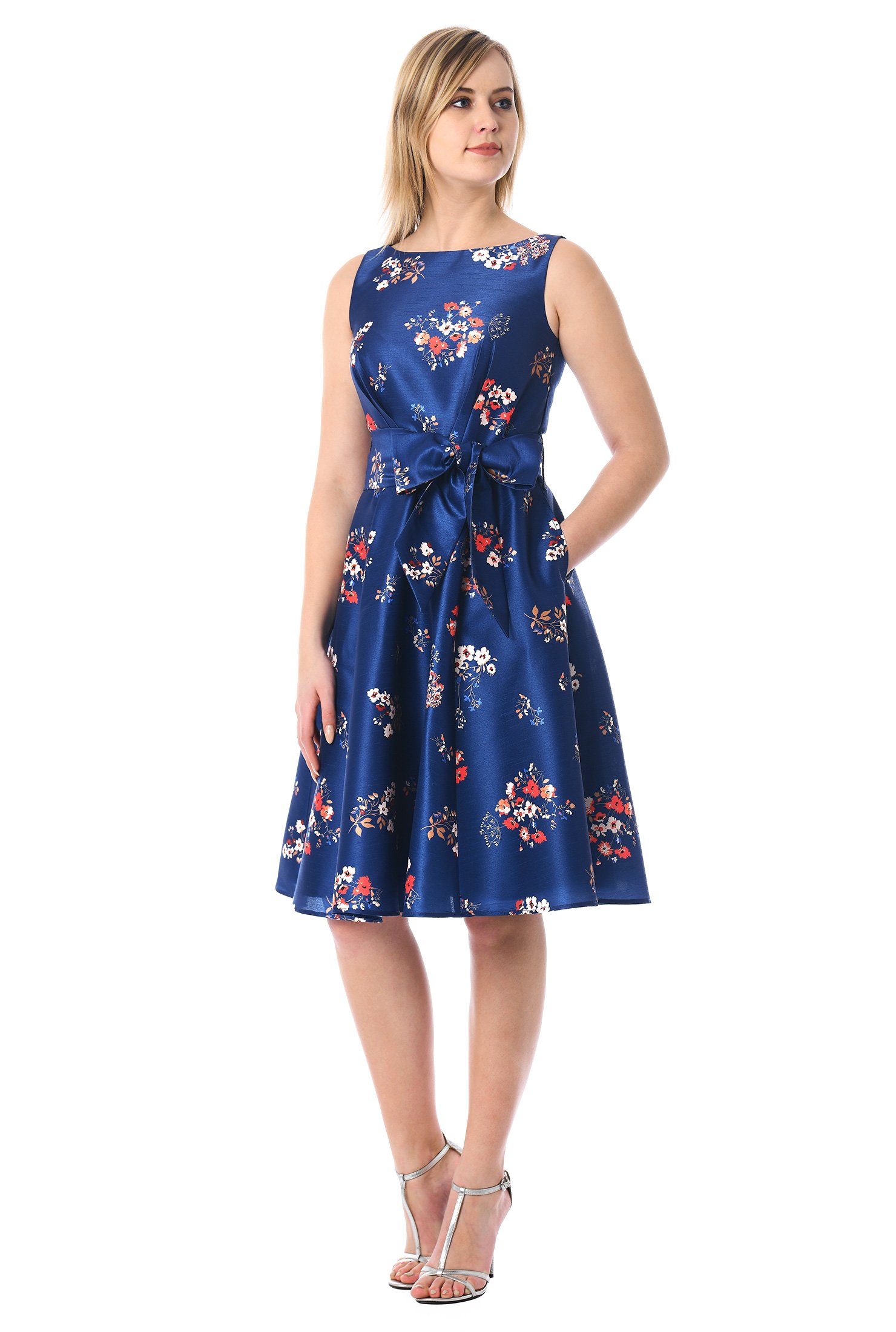 Shop Floral print dupioni sash tie dress | eShakti