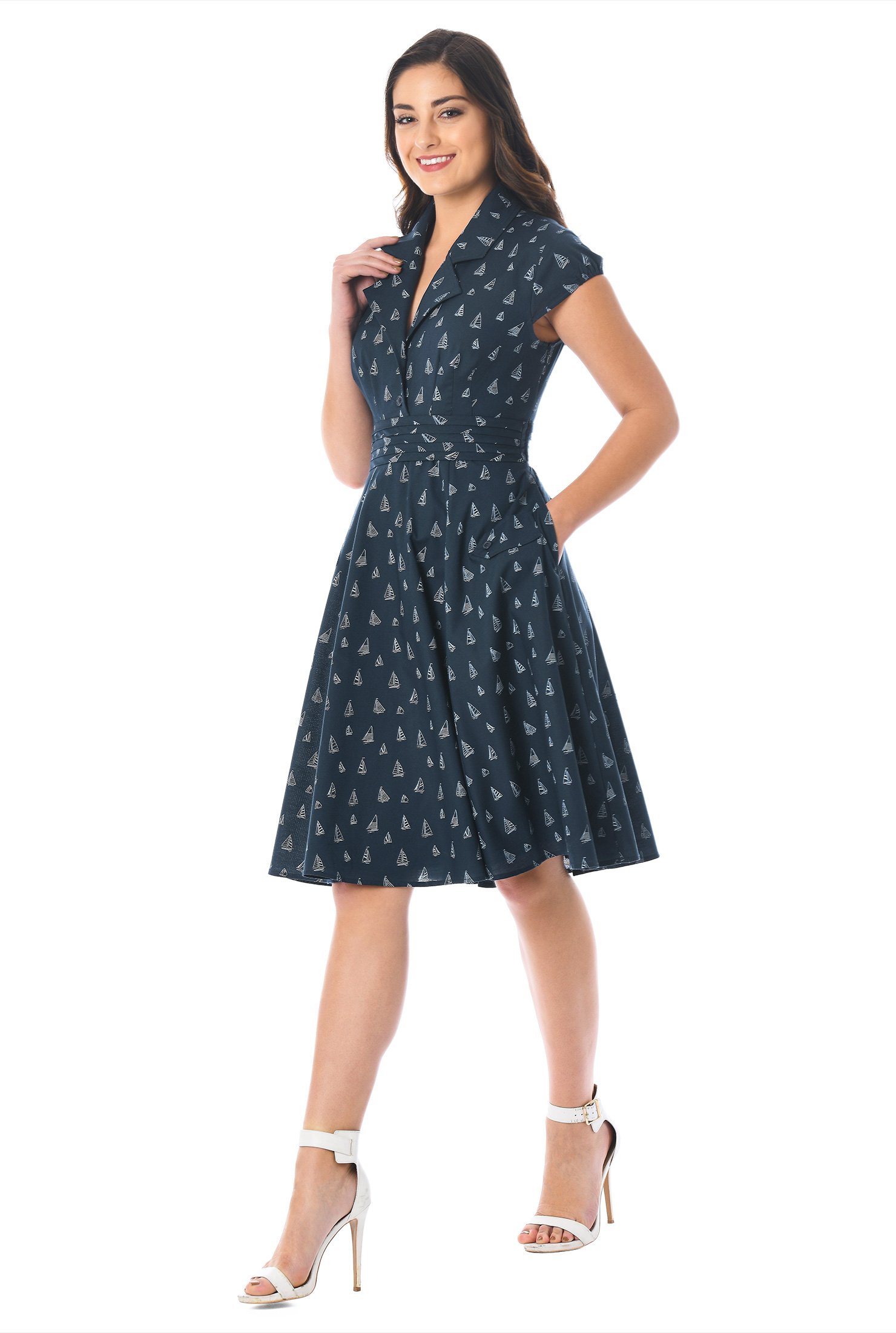 Shop Sail print cotton pleat waist shirtdress | eShakti