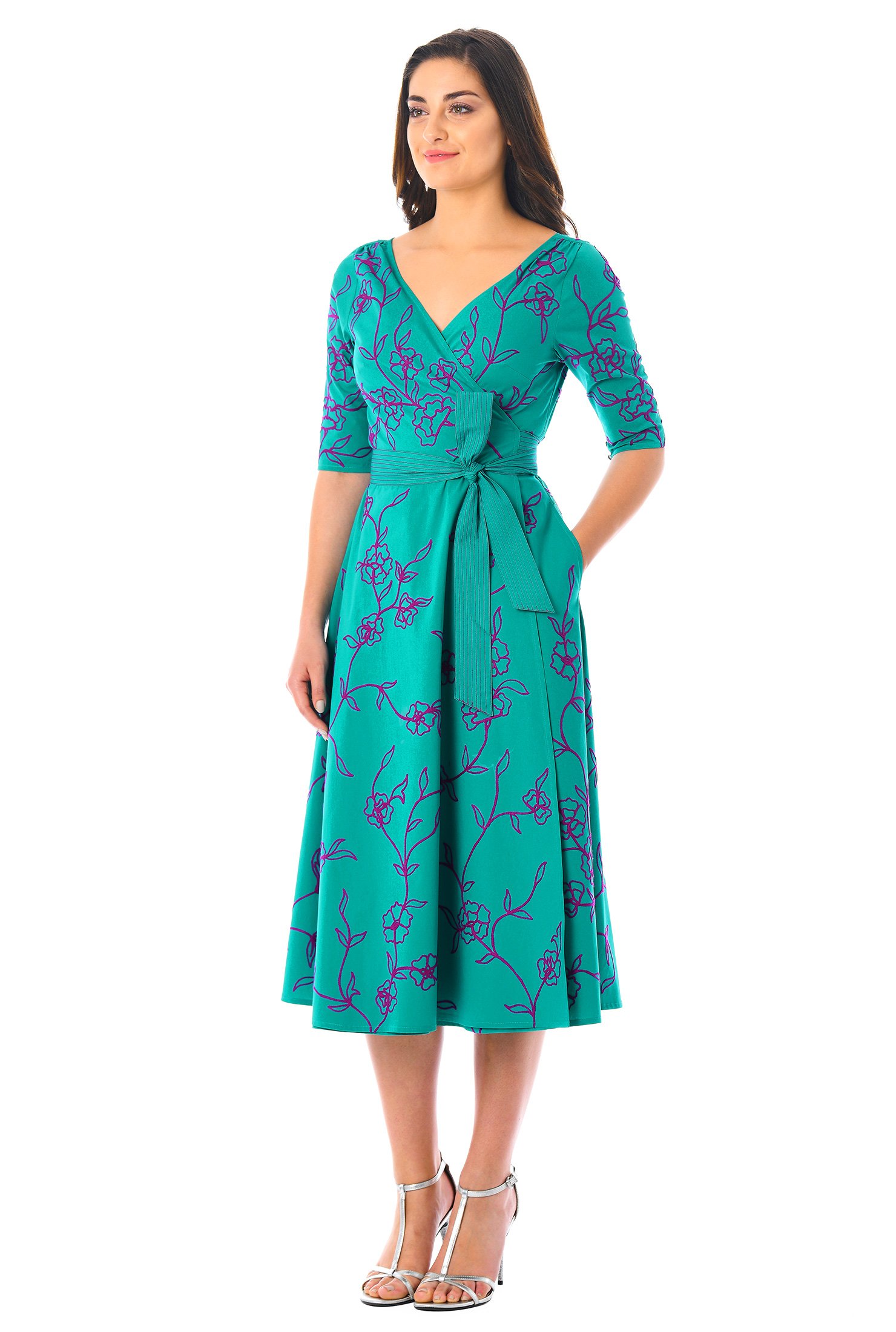 Shop Floral embellished poplin wrap dress | eShakti