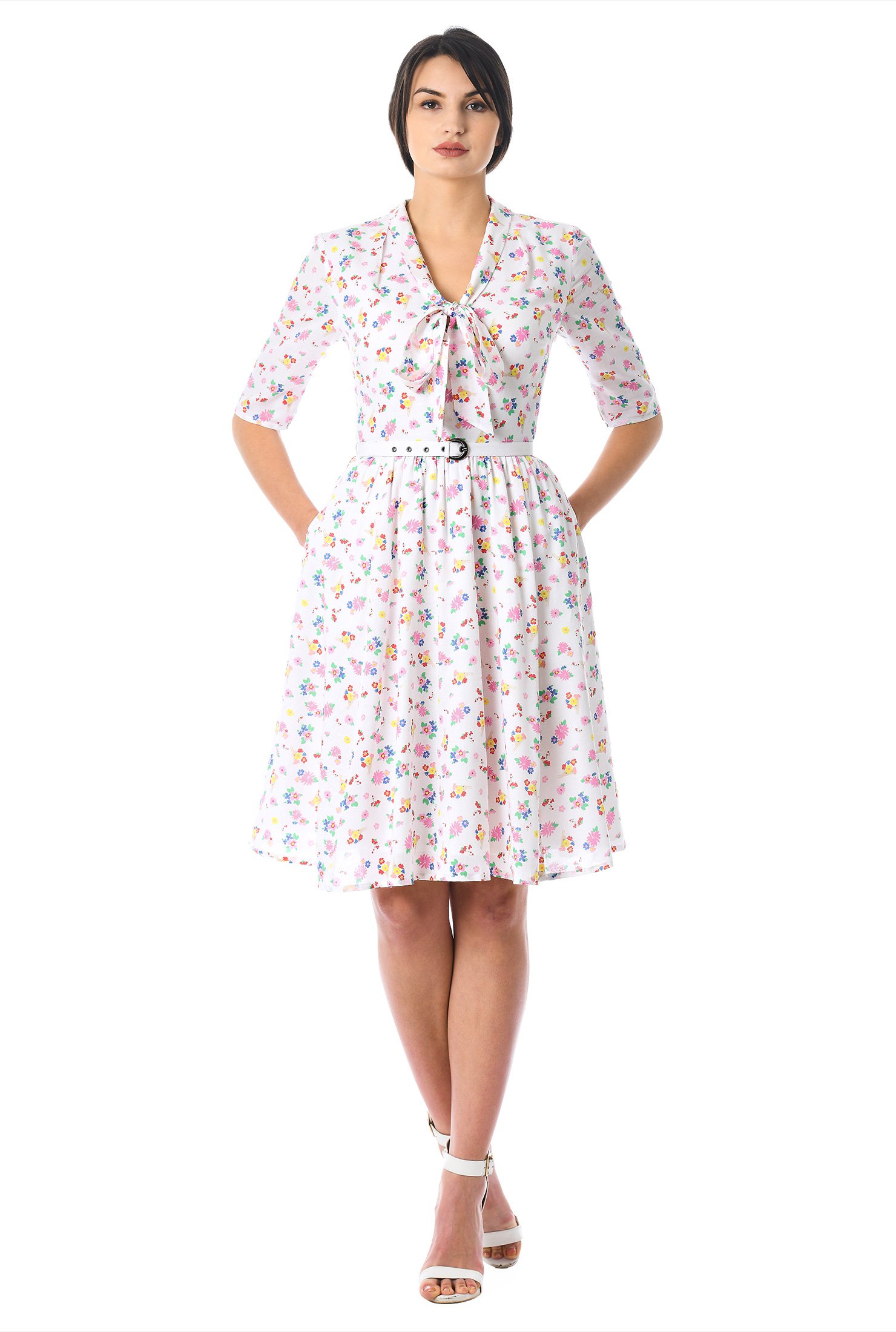 Shop Tie-neck floral bunny print cotton dress | eShakti