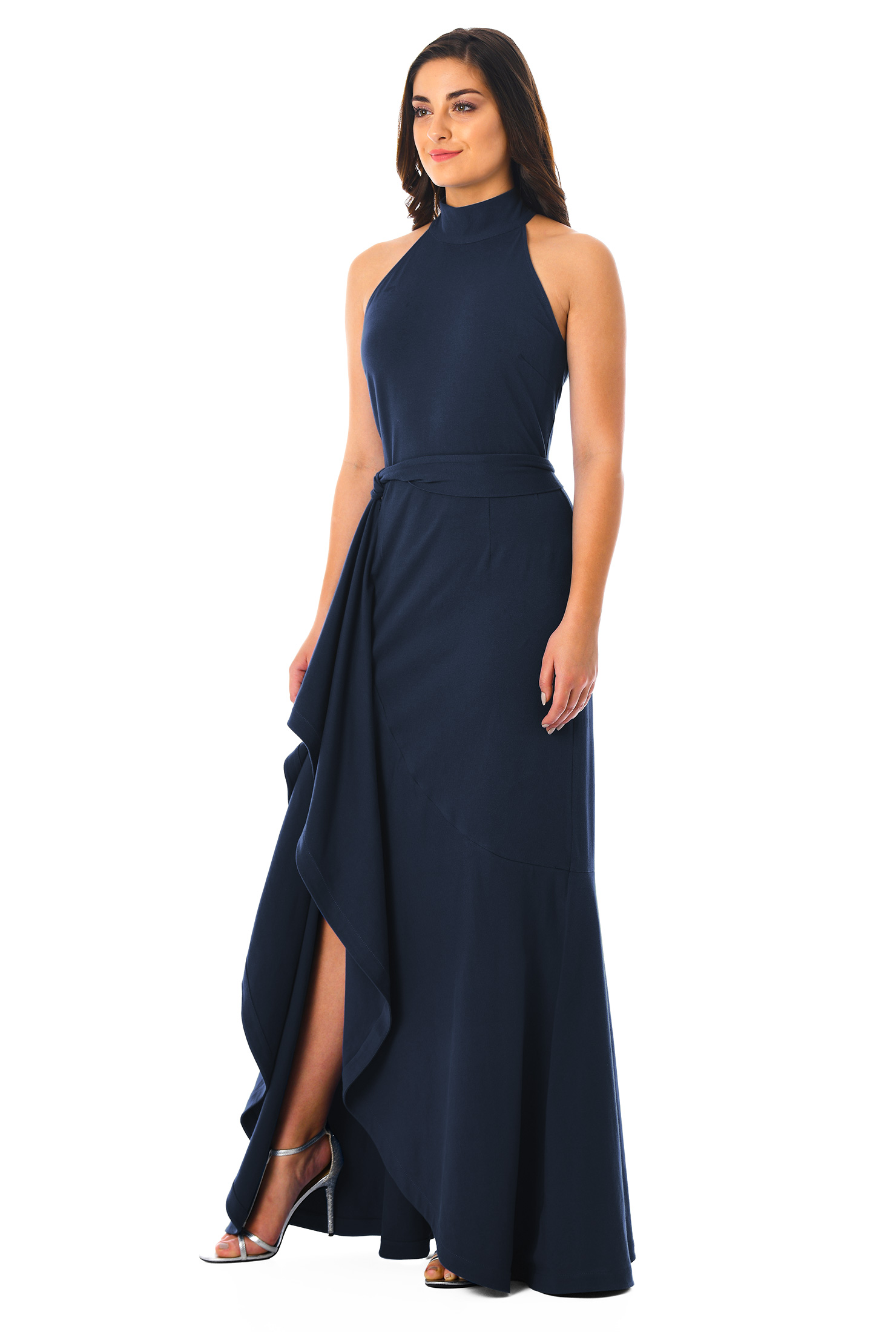 Shop Ruffle cotton knit halter maxi dress eShakti