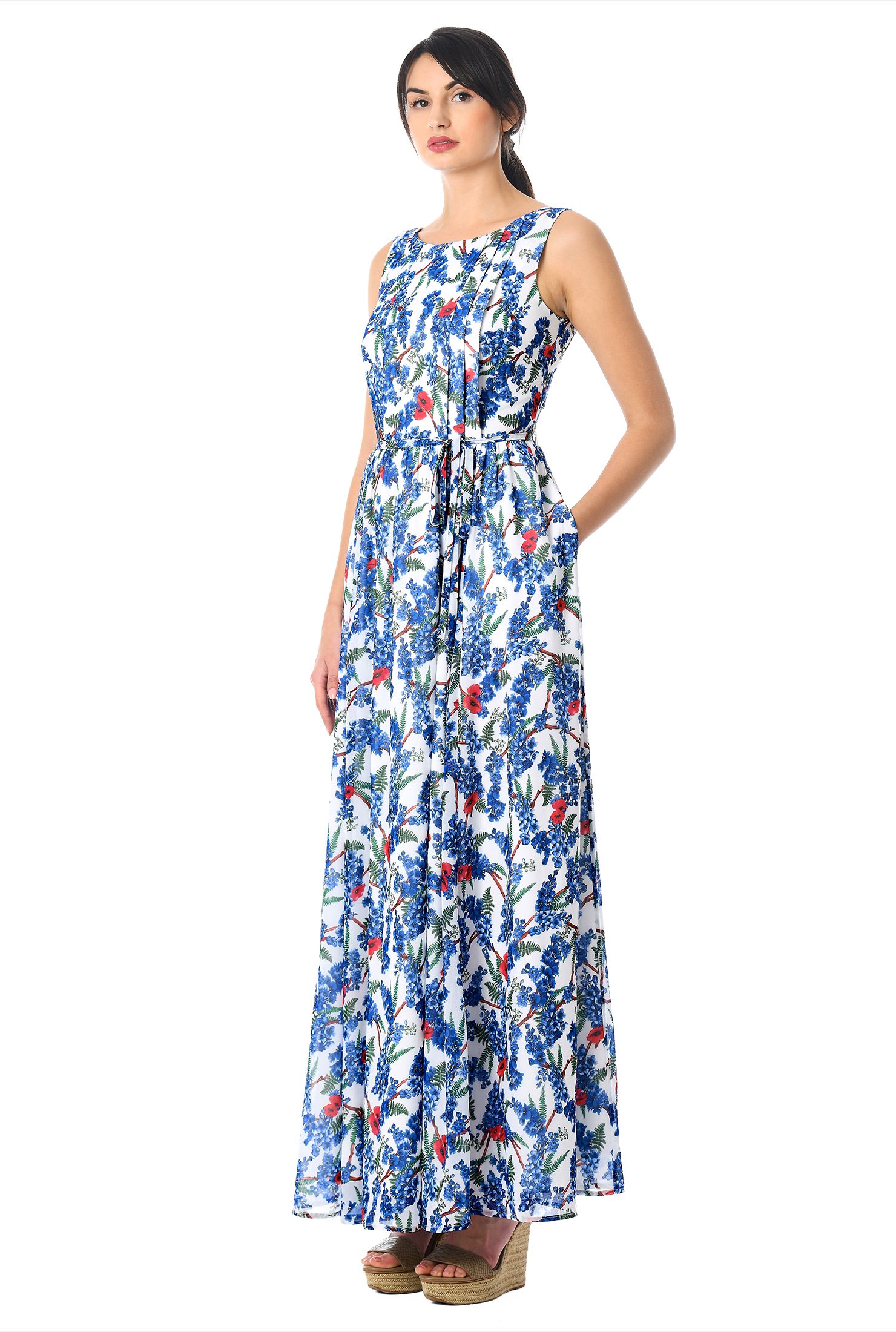 Shop Pleat bib floral print georgette maxi dress | eShakti