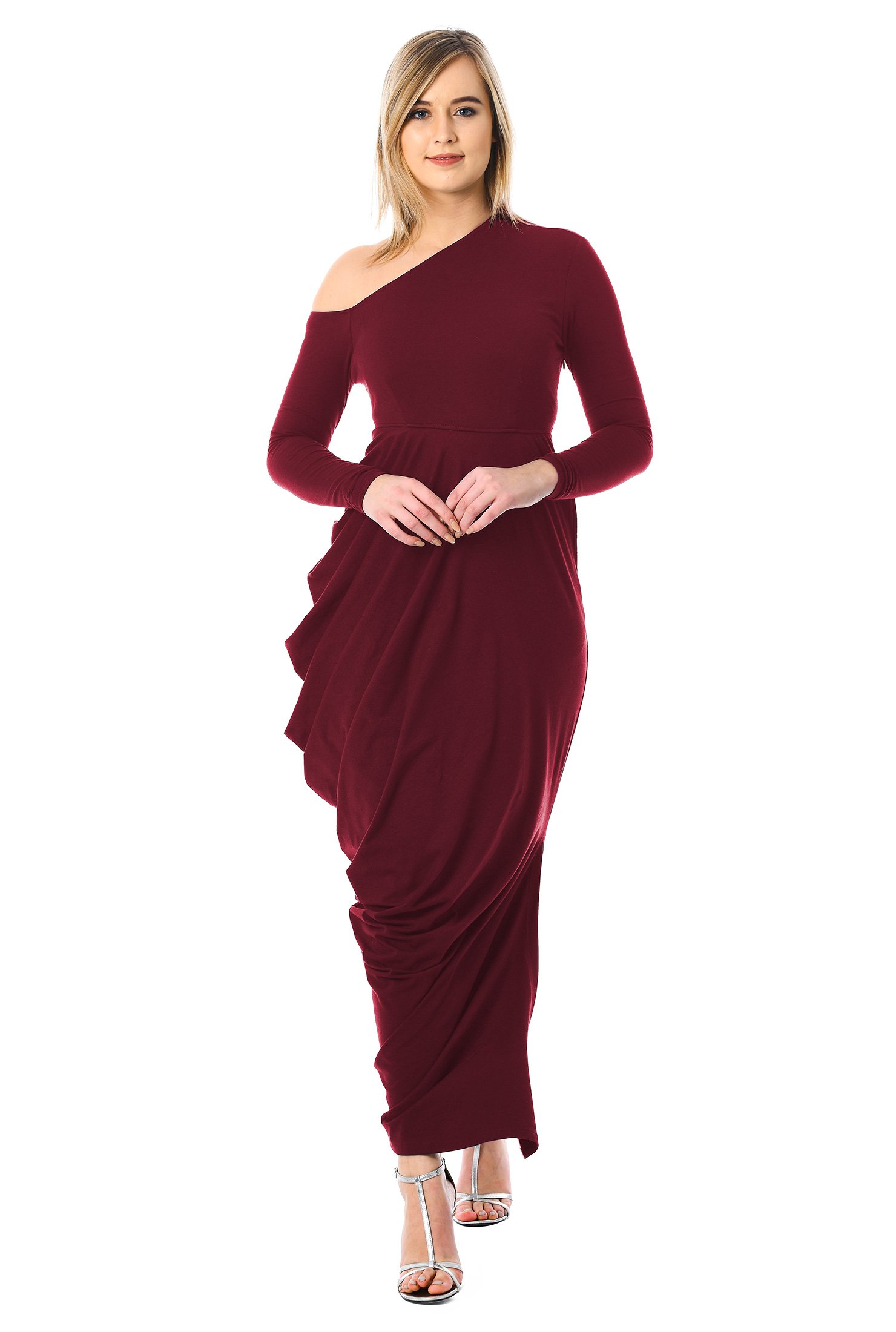 Shop One-shoulder cotton knit draped maxi dress | eShakti