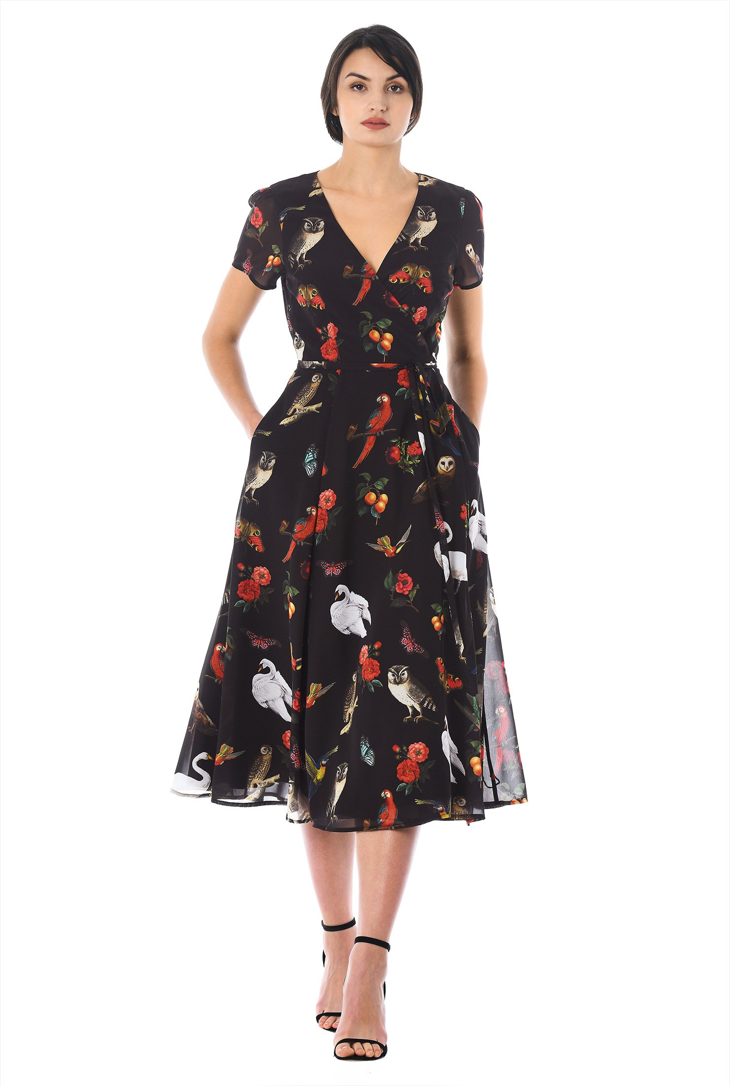 Shop Floral bird print georgette wrap dress | eShakti