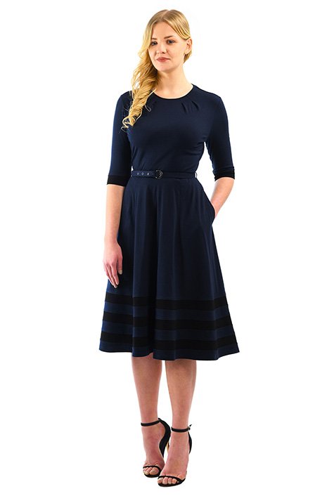 Shop Banded stripe hem cotton knit belted dress | eShakti