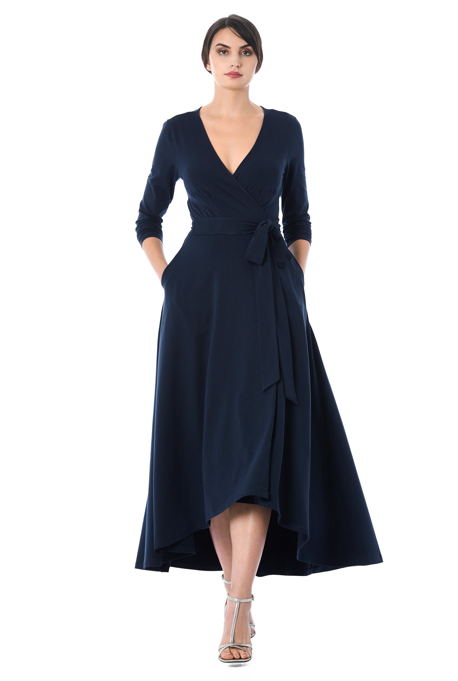 Shop Cotton knit high-low hem wrap dress | eShakti