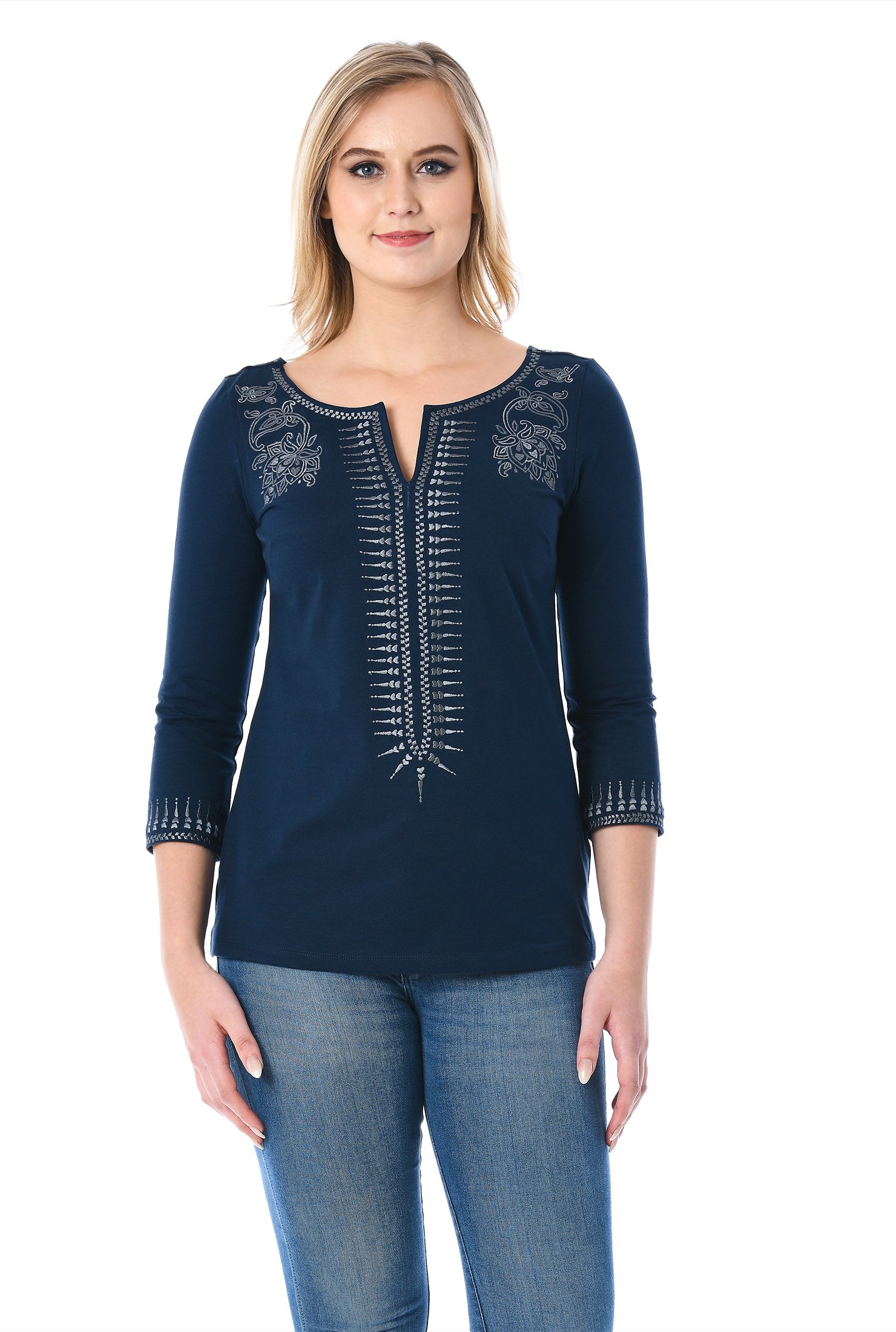 Shop Embellished split neck cotton knit top | eShakti