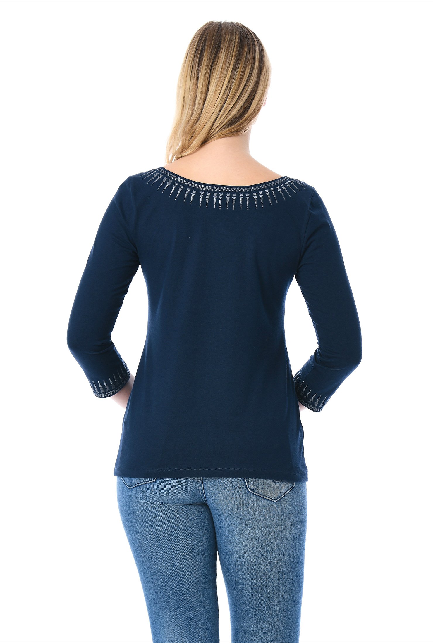 Shop Embellished split neck cotton knit top | eShakti