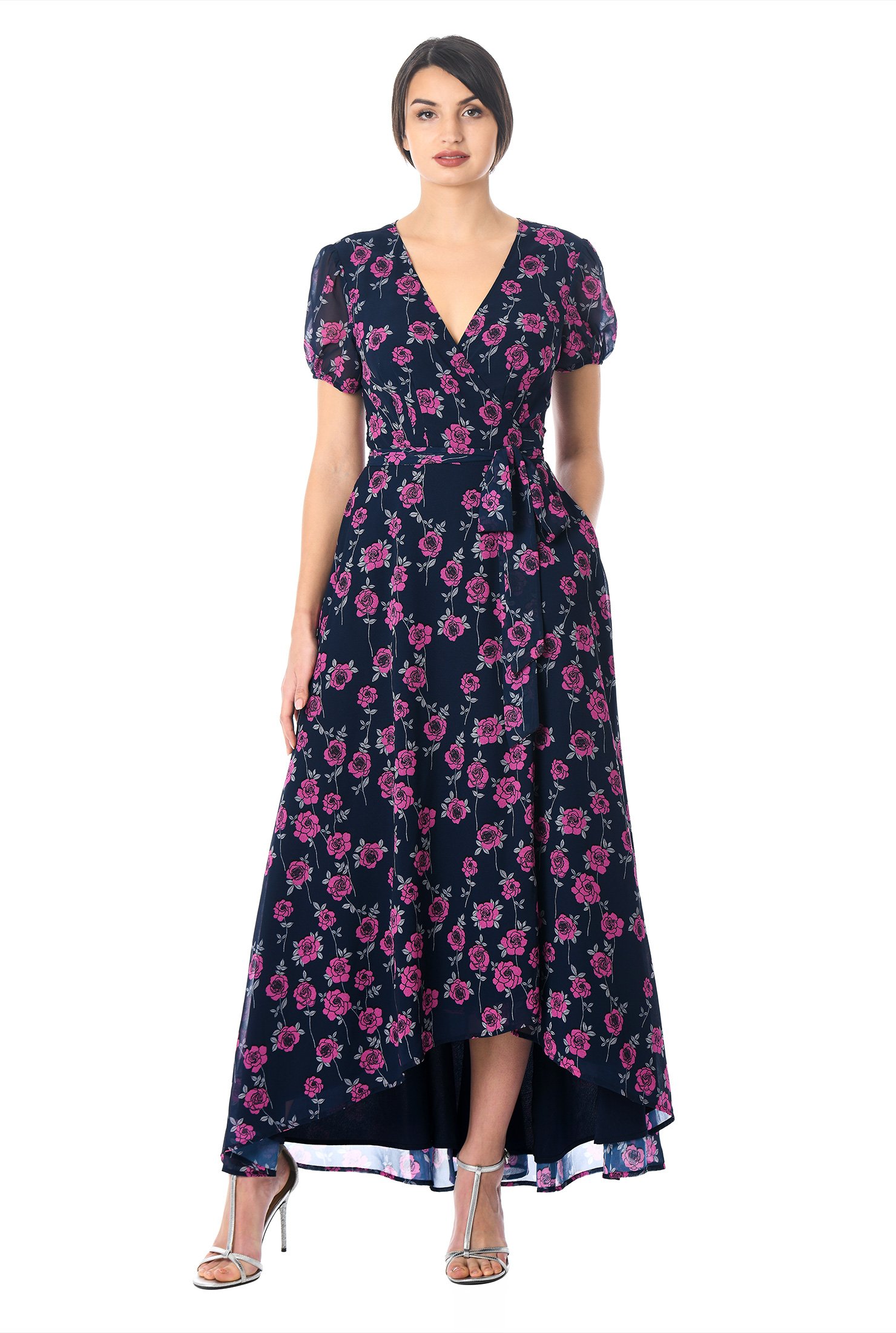 Shop Rose print georgette wrap dress | eShakti