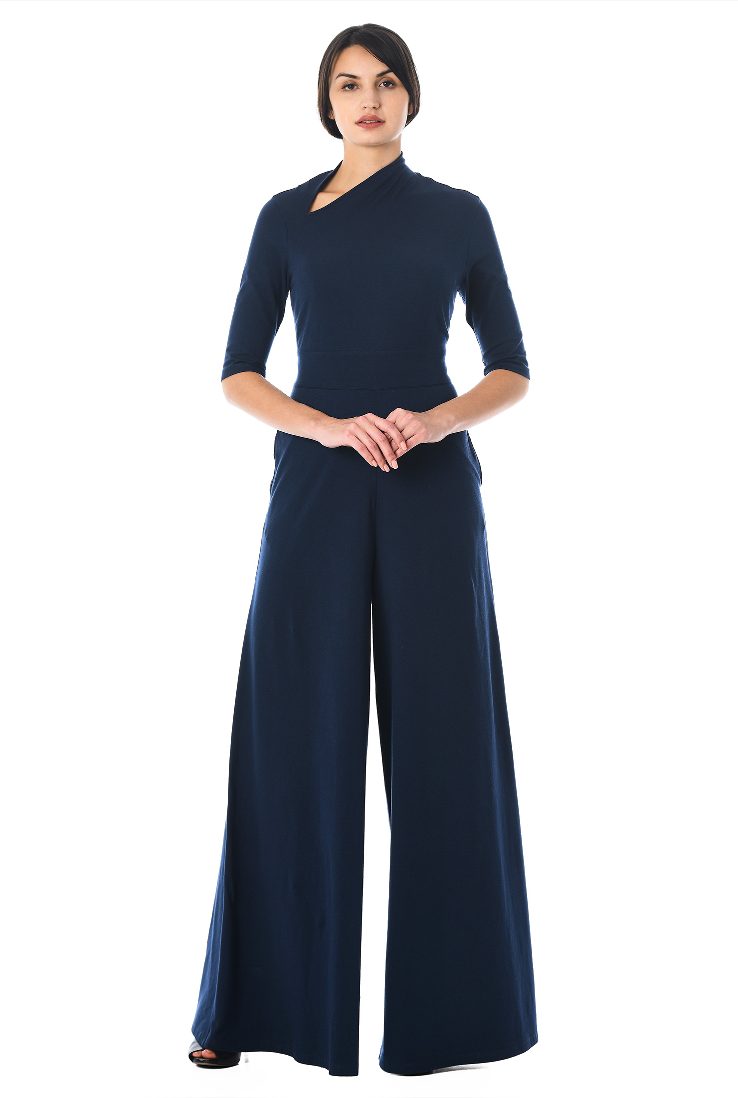 Shop Asymmetric neck cotton knit jumpsuit eShakti