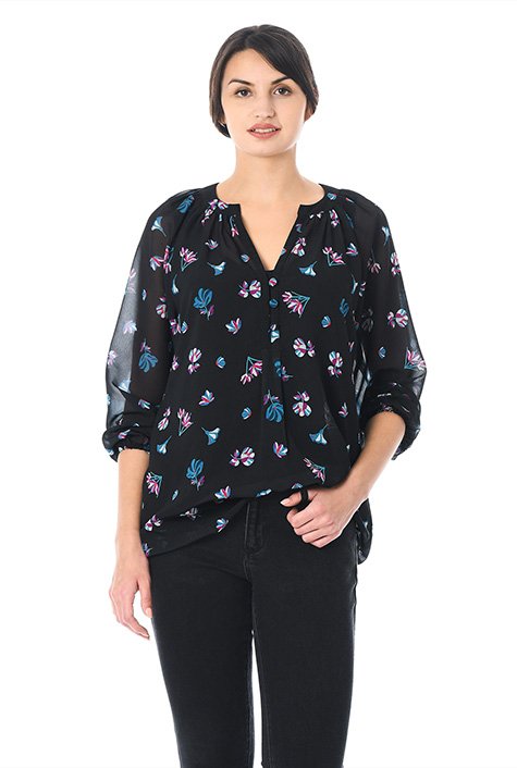 Shop Split neck floral print georgette tunic | eShakti