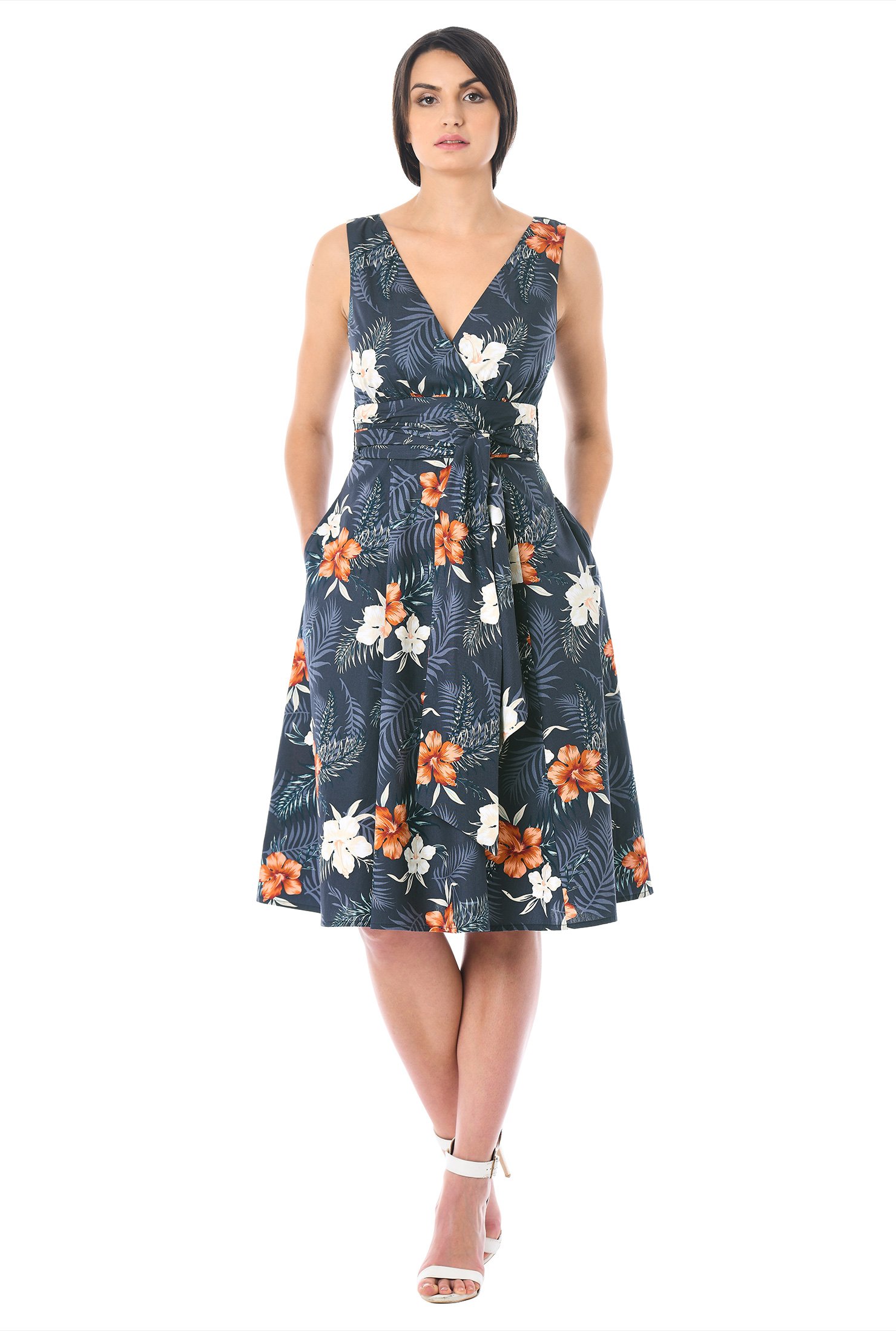 Shop Hibiscus print cotton surplice dress | eShakti