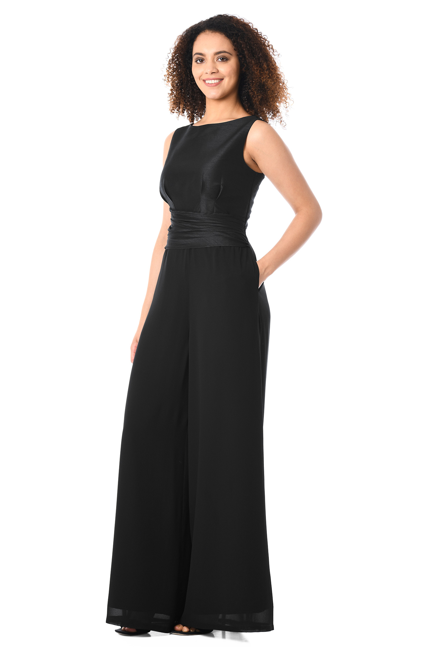 Shop Asymmetric waist mixed media jumpsuit eShakti