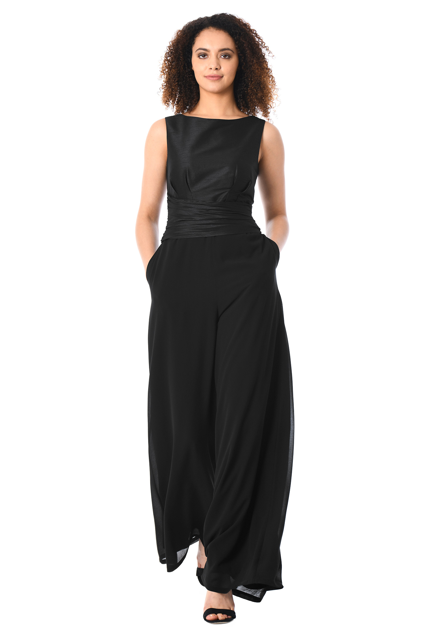 Shop Asymmetric waist mixed media jumpsuit eShakti