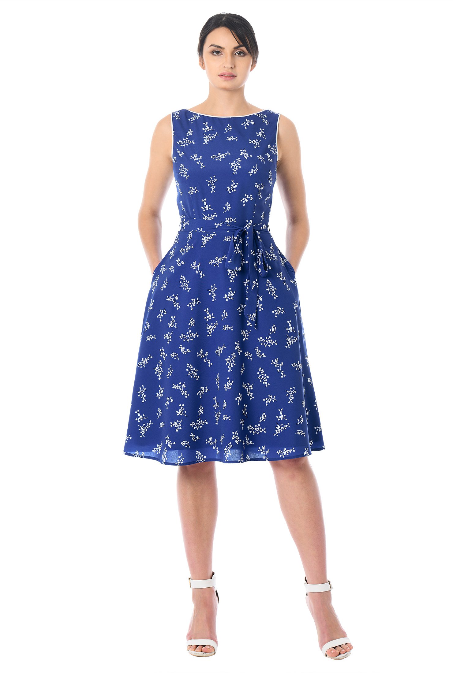 Shop Floral print contrast piped trim crepe dress | eShakti