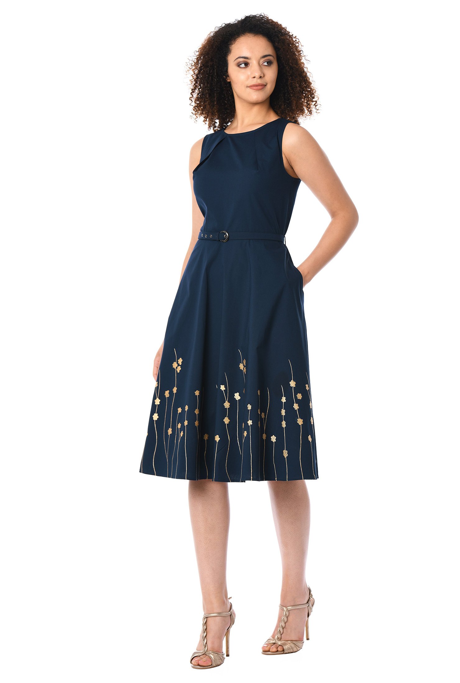 Shop Floral embellished pleat neck poplin dress | eShakti