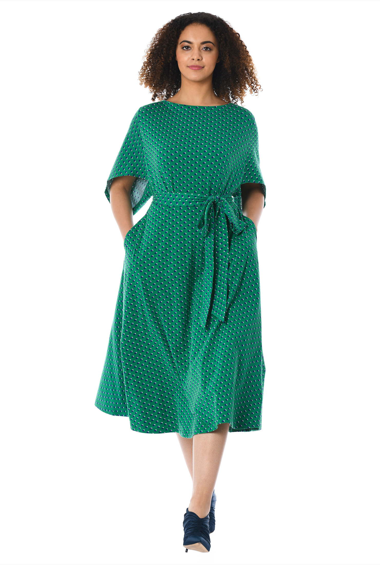 Shop Cape sleeve polka dot cotton knit dress eShakti