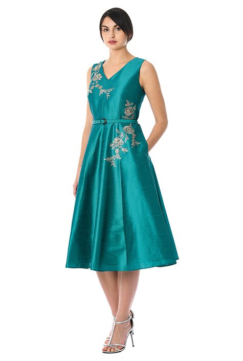 Shop Floral embellished dupioni belt dress | eShakti