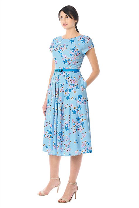 Shop Pleat neck belted floral print crepe dress | eShakti
