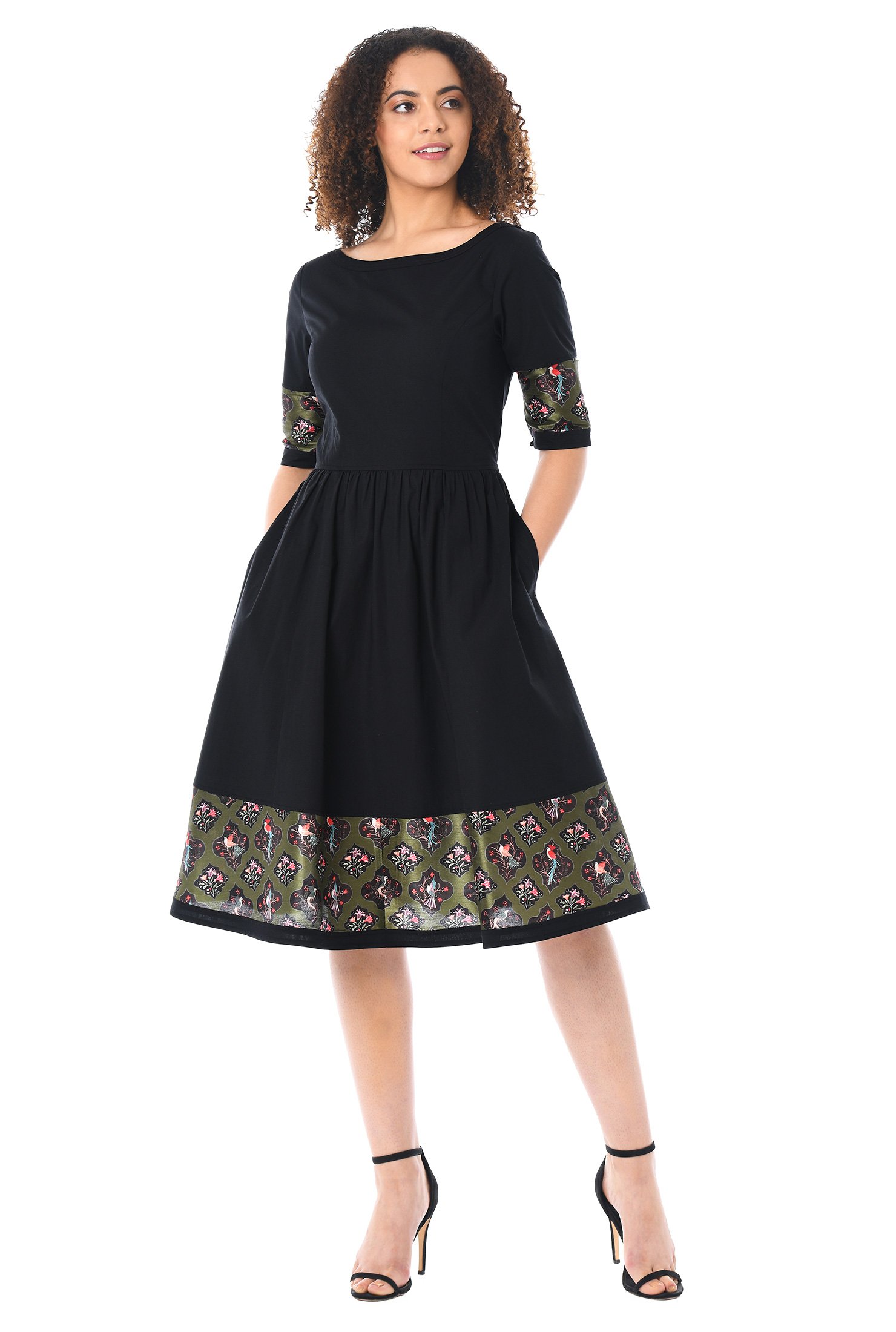 Shop Floral bird print trim poplin dress | eShakti