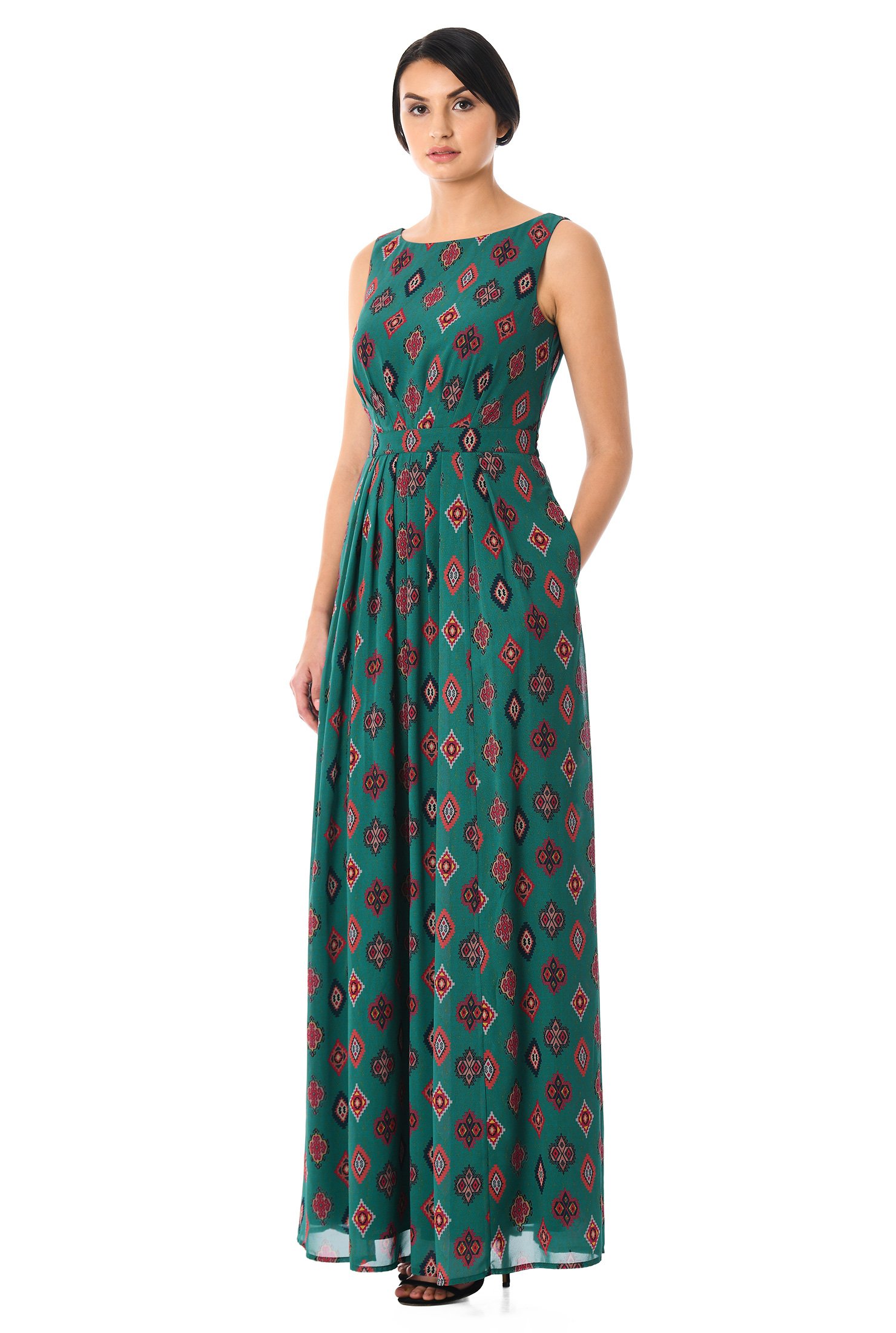 Shop Ikat print georgette pleated maxi dress | eShakti