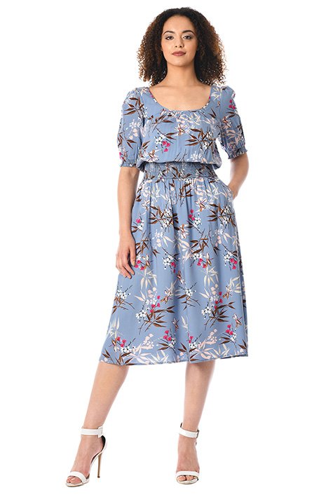 Shop Floral print elastic smocked blouson dress | eShakti