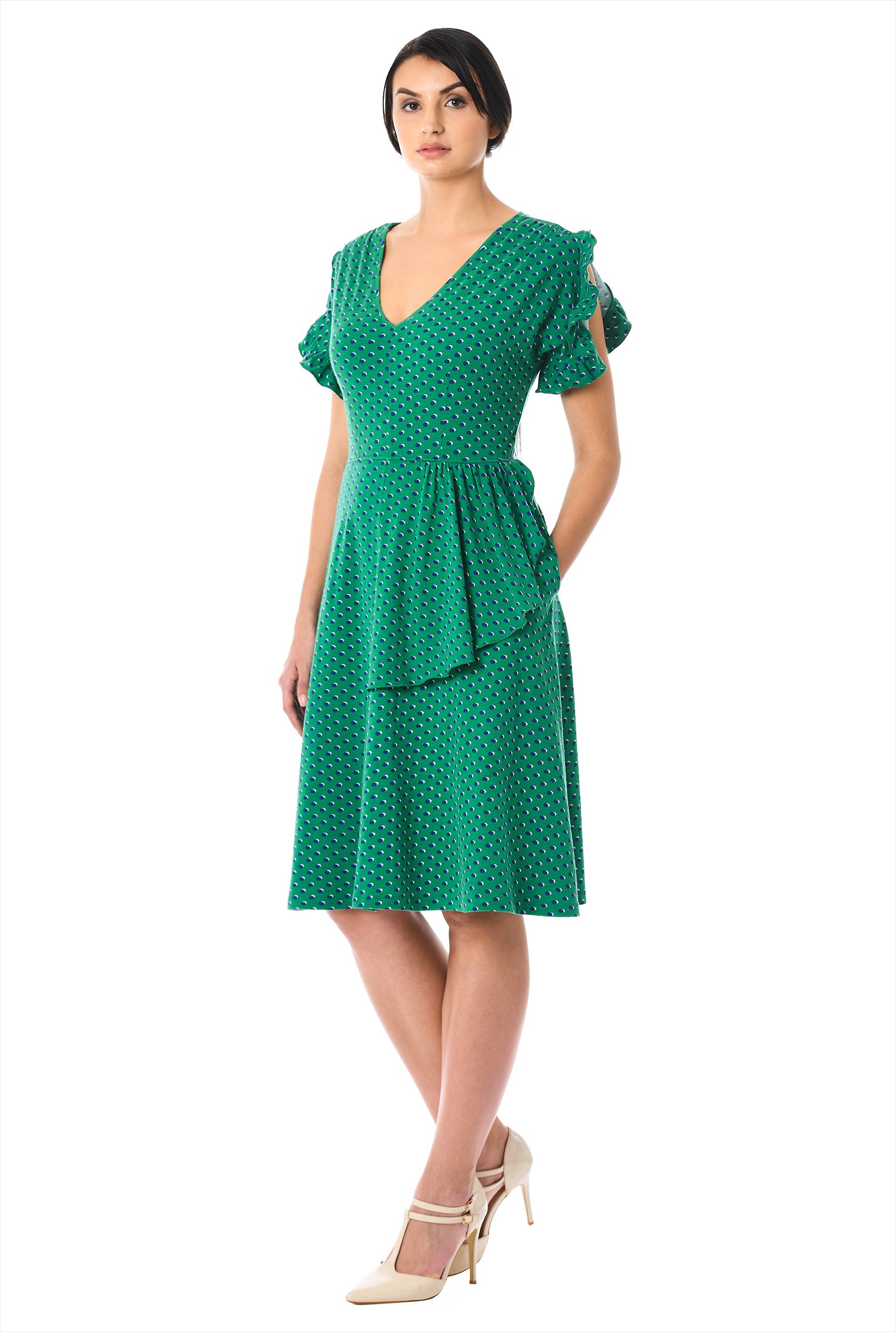Shop Ruffle polka dot print cotton knit dress | eShakti