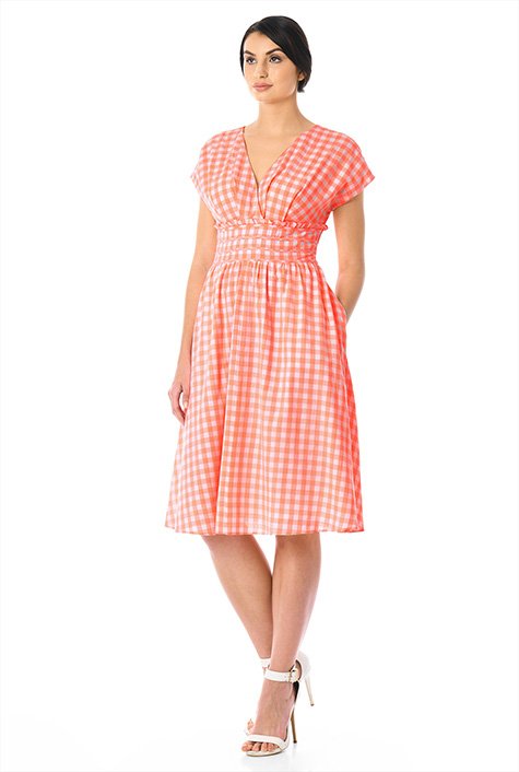 Gingham check cotton surplice dress