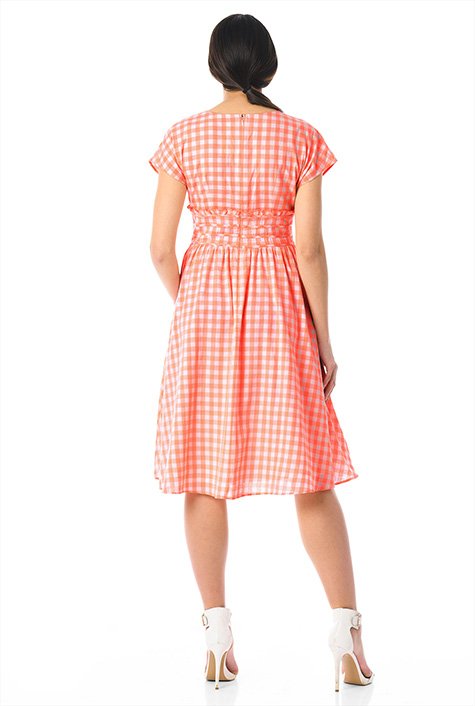 Gingham check cotton surplice dress