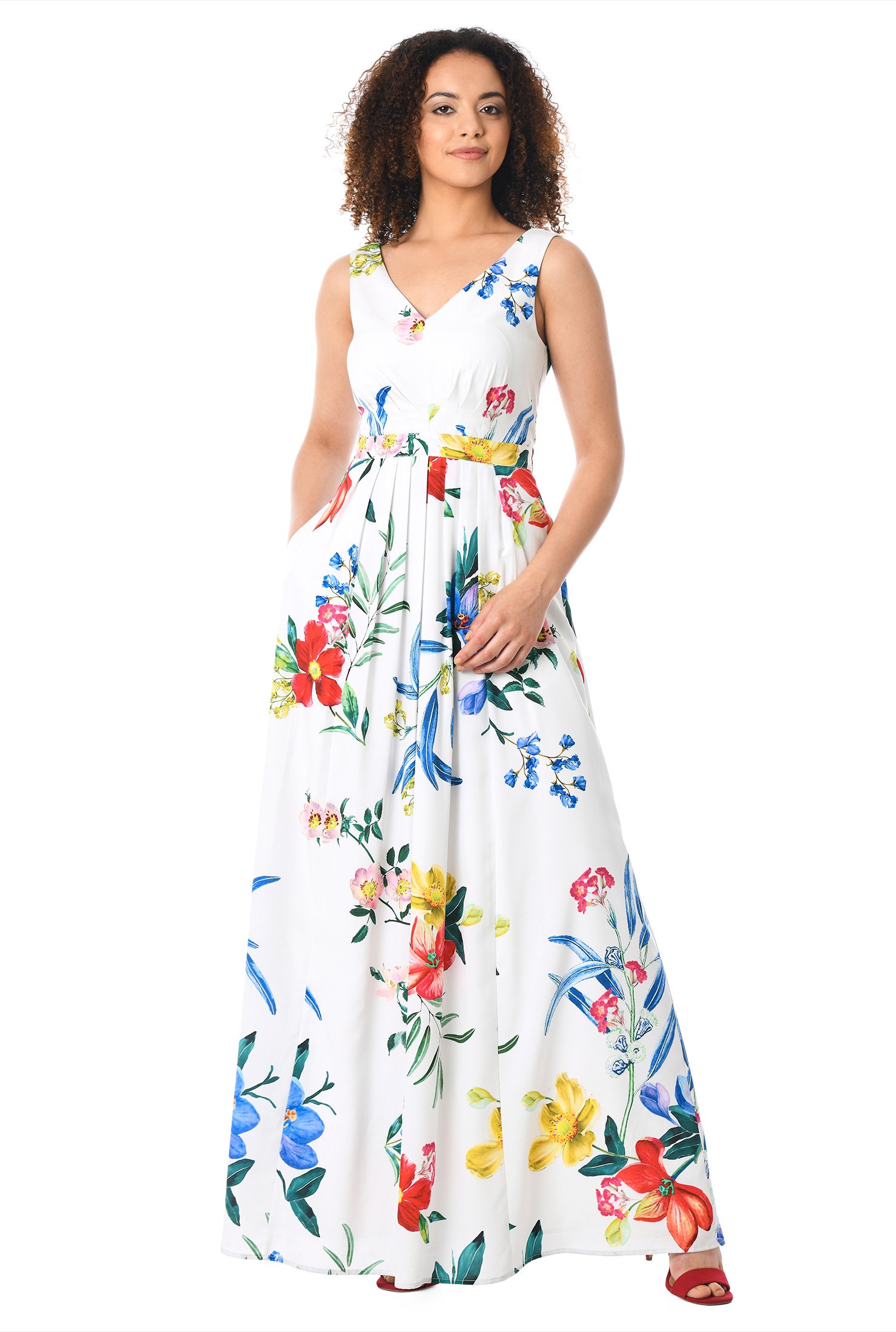 Shop Floral print crepe pleated maxi dress | eShakti