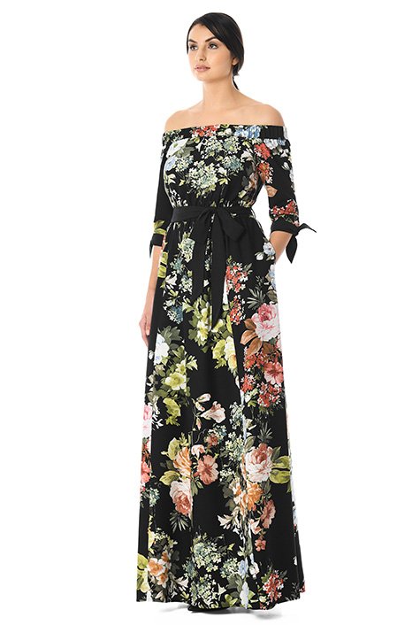 Shop Off-the-shoulder floral print crepe maxi dress | eShakti