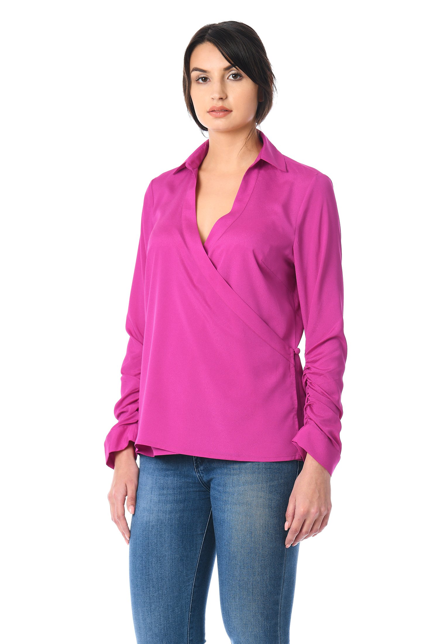 Shop Ruched sleeve crepe wrap top | eShakti