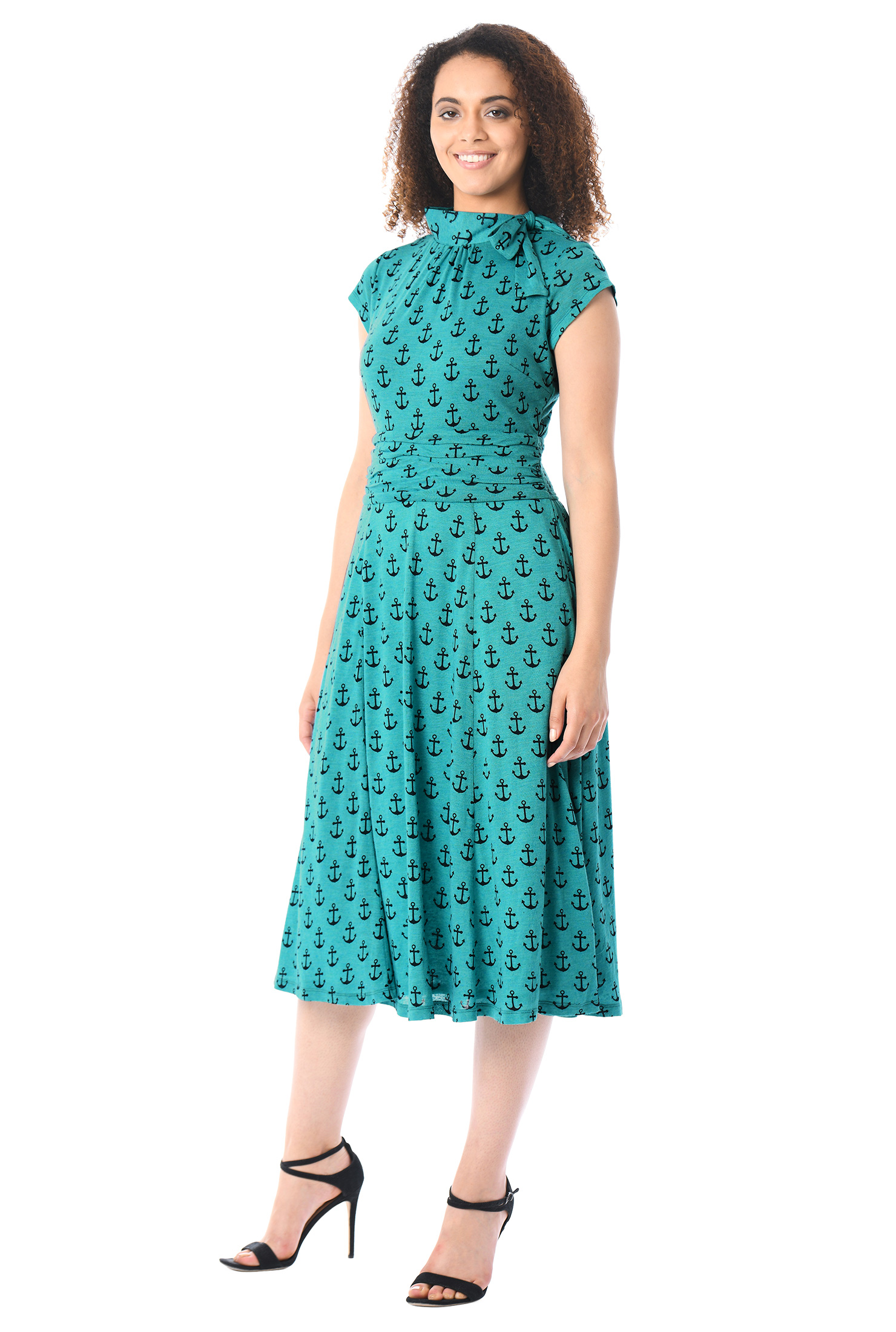 Shop Tie neck anchor print cotton knit dress eShakti