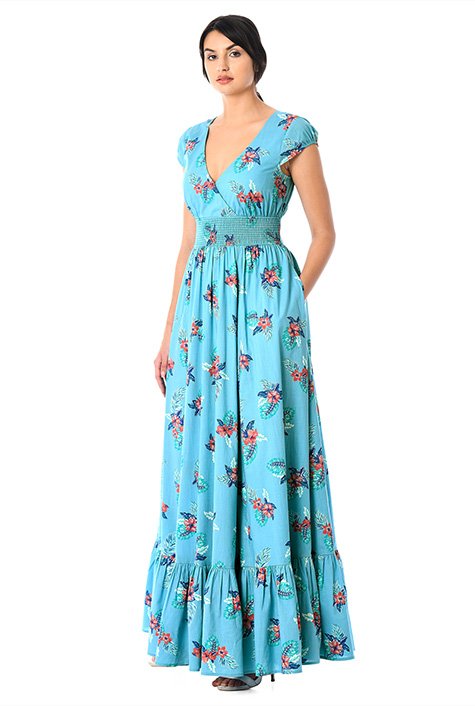 Shop Hibiscus print smocked waist cotton maxi dress | eShakti