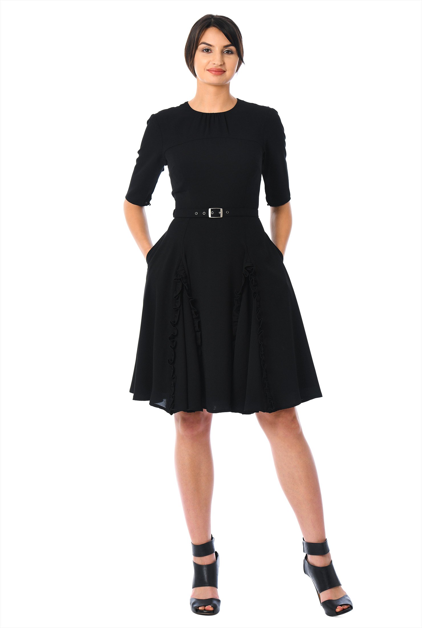 ZAPELLE Eshakti Women's Ruffle Trim Godet Crepe Dress Black