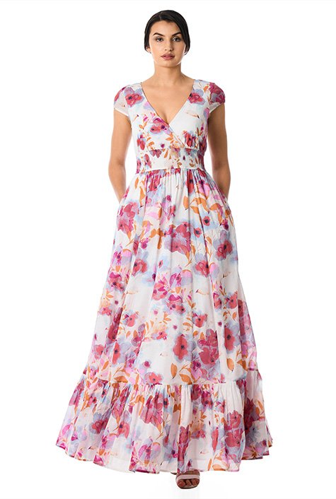Shop Floral print voile smocked waist maxi dress | eShakti