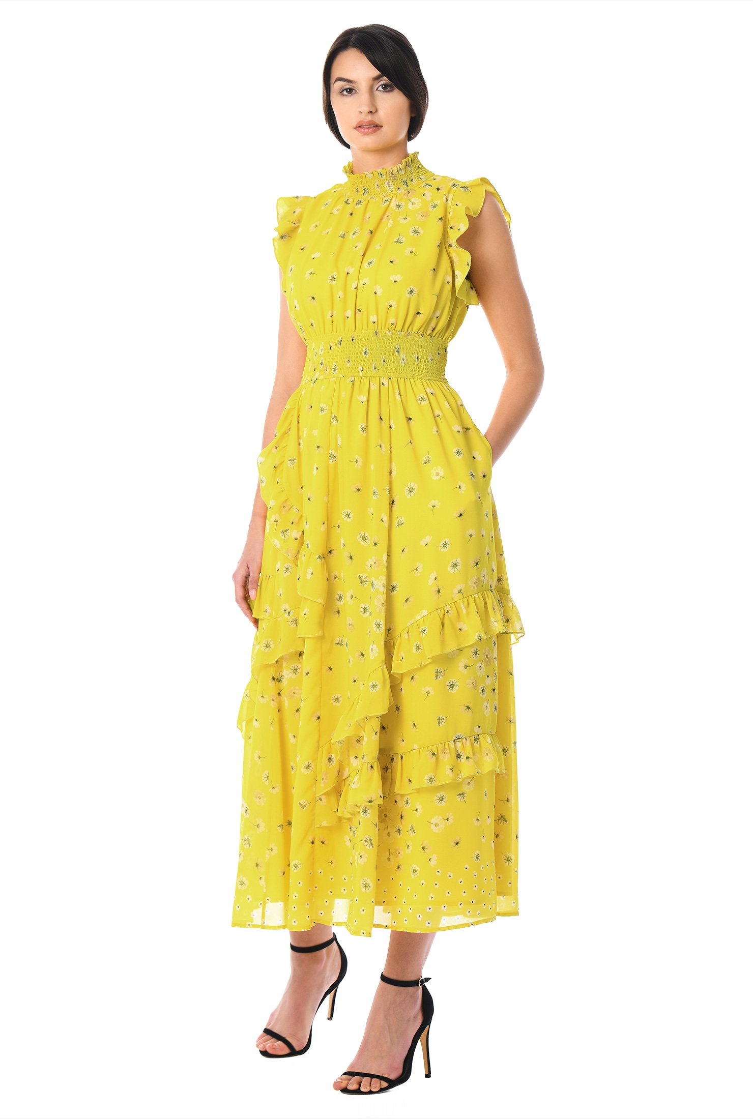 Shop Ruffle floral print georgette smocked dress | eShakti