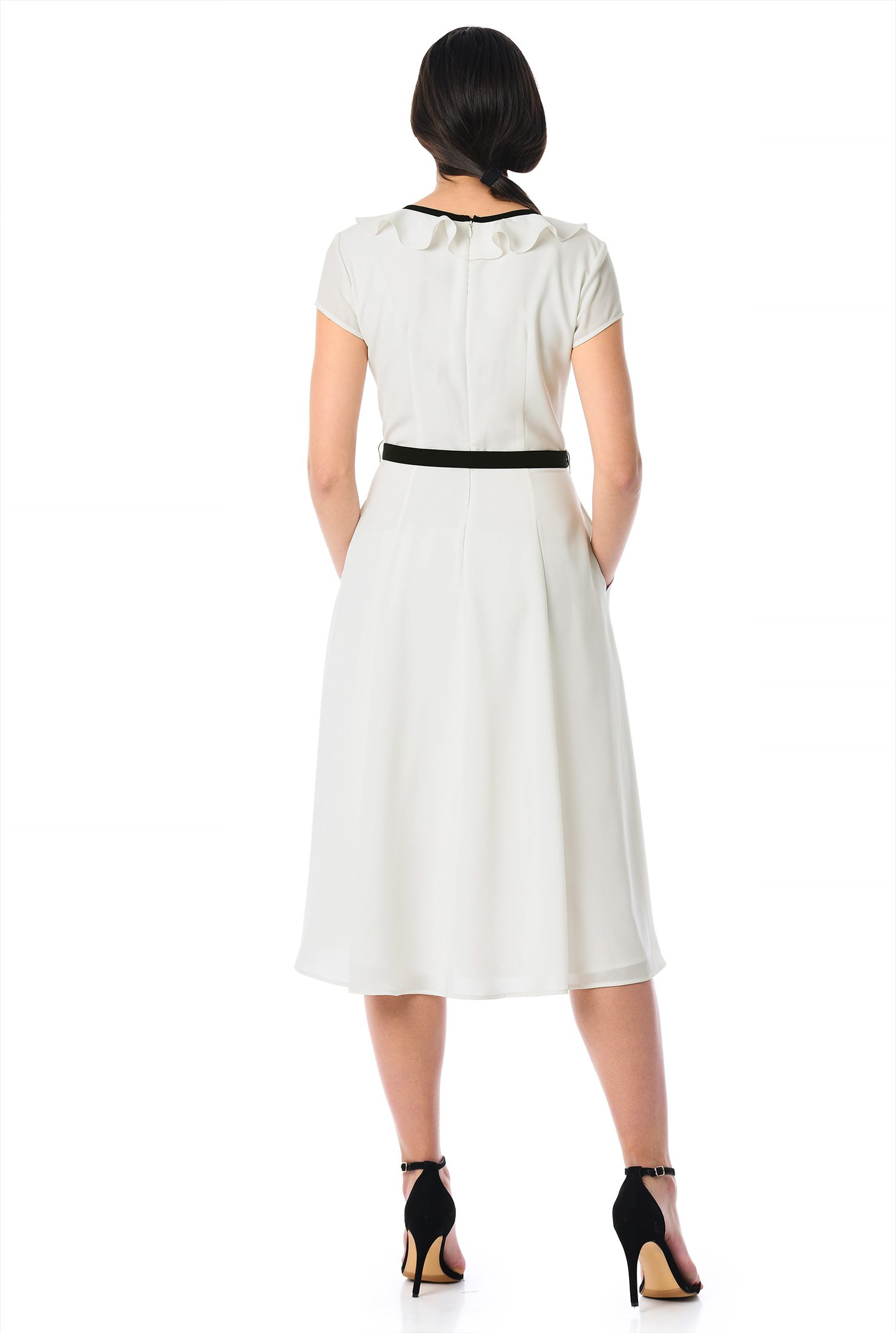 Shop Ruffle crepe contrast belt dress | eShakti