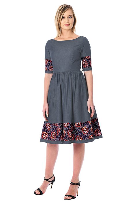 Shop Floral graphic print trim cotton chambray dress | eShakti