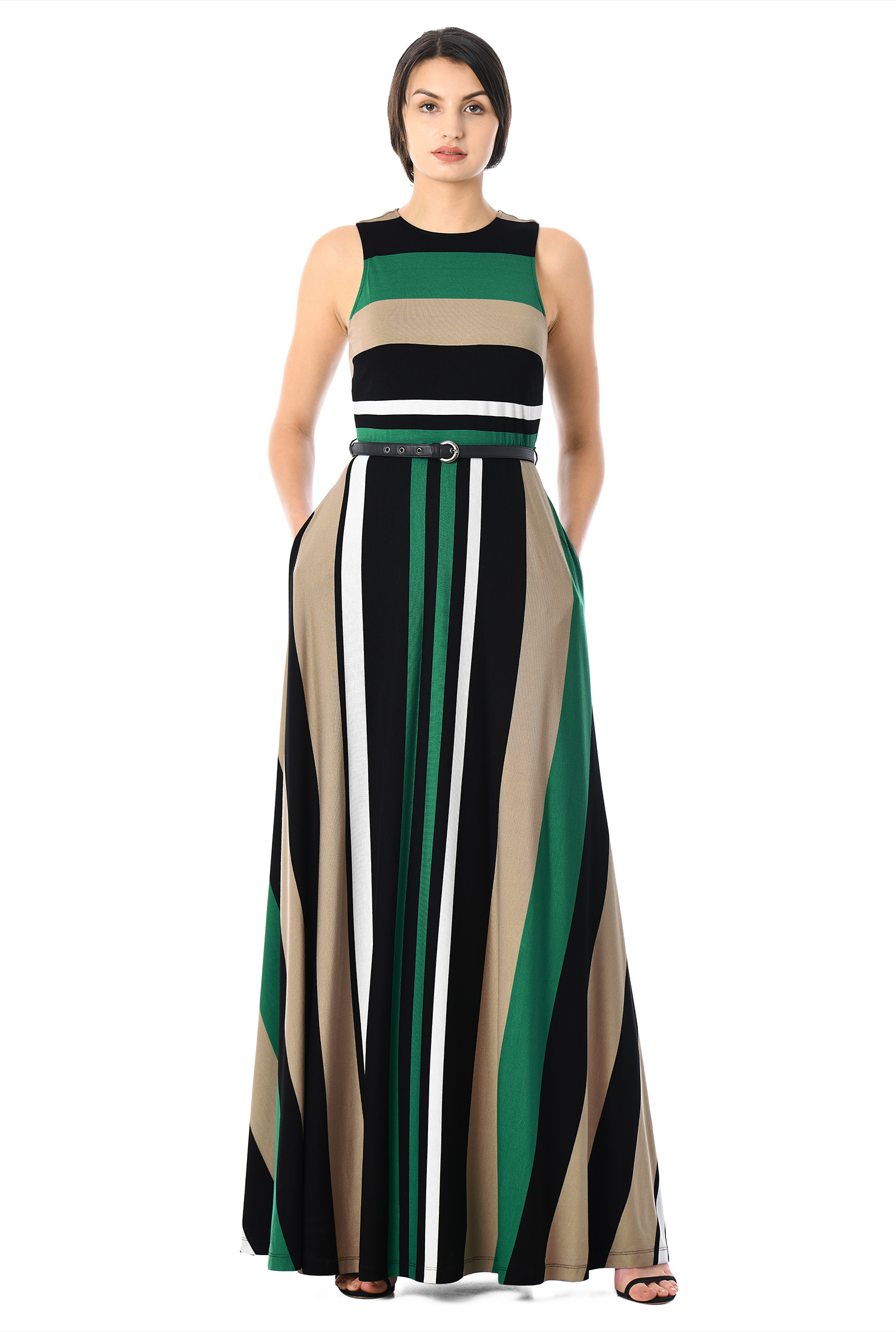 Shop Stripe jersey knit belted maxi dress eShakti