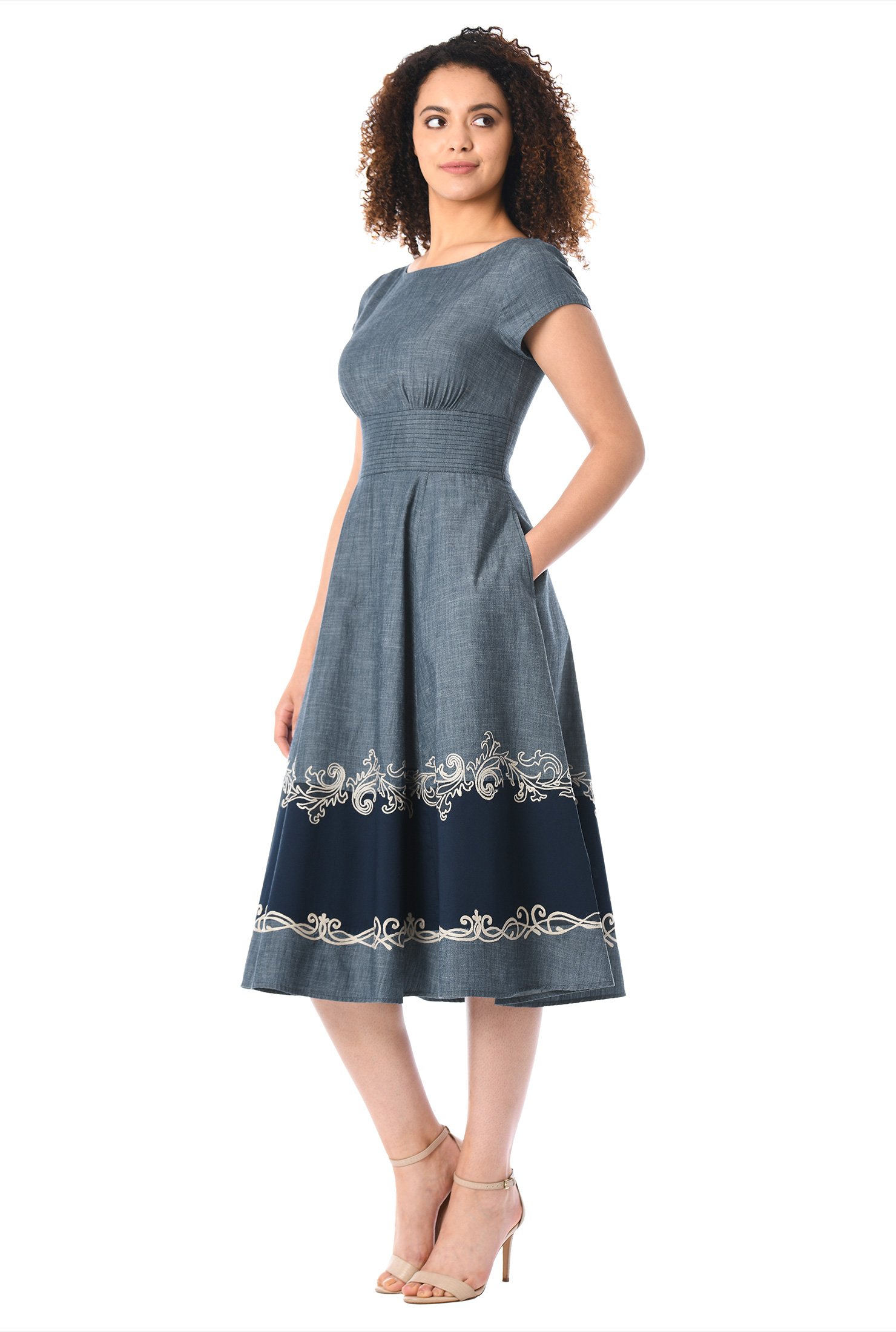 Shop Filigree embellished cotton chambray dress | eShakti