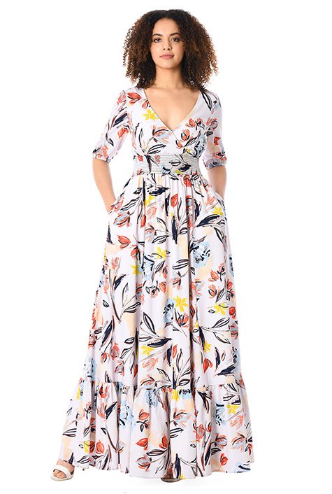 Shop Floral print crepe smocked waist maxi dress | eShakti