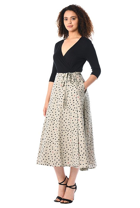 Shop Dot print twill and cotton knit wrap dress | eShakti