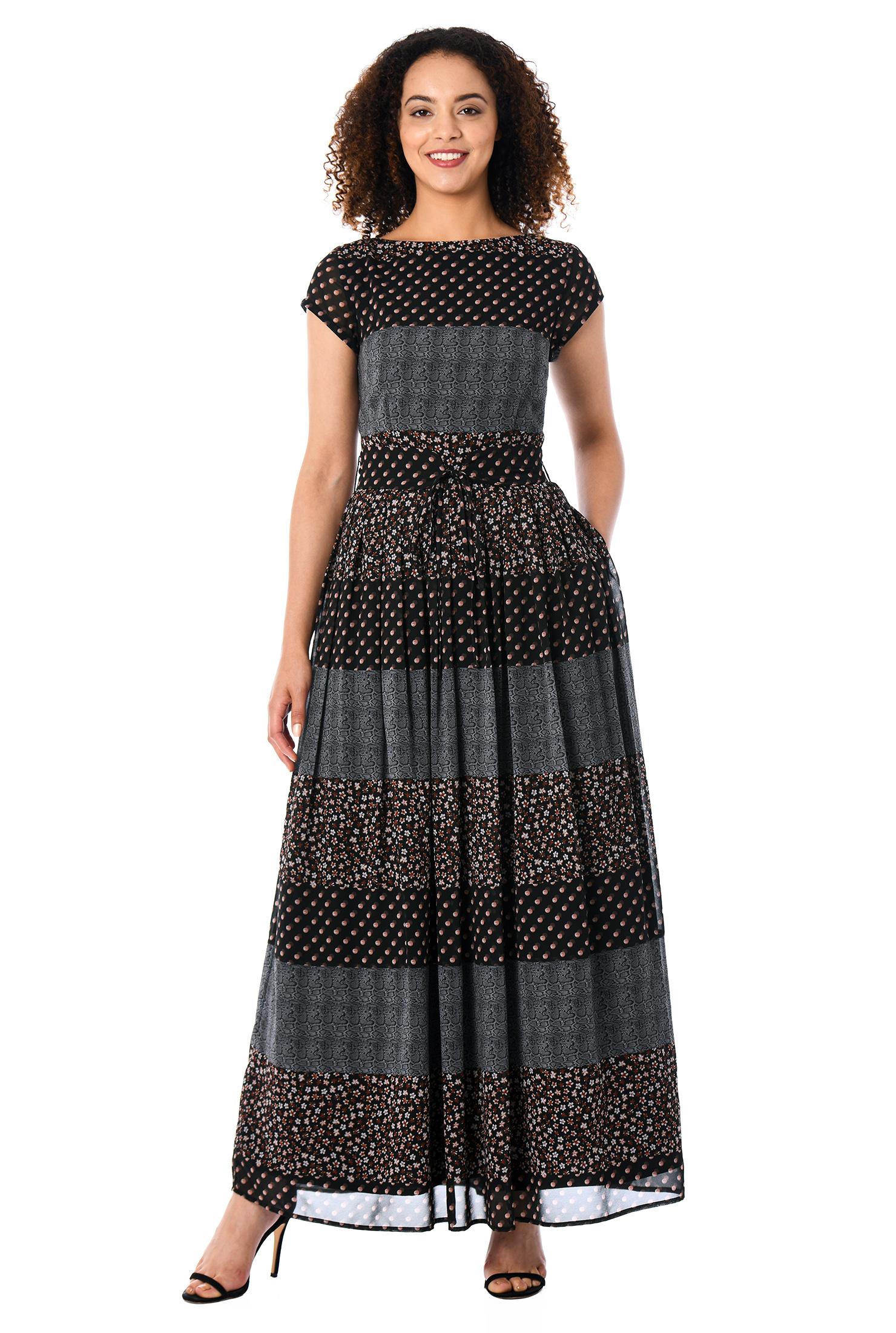 Shop Mixed print ribbontie belt dress eShakti