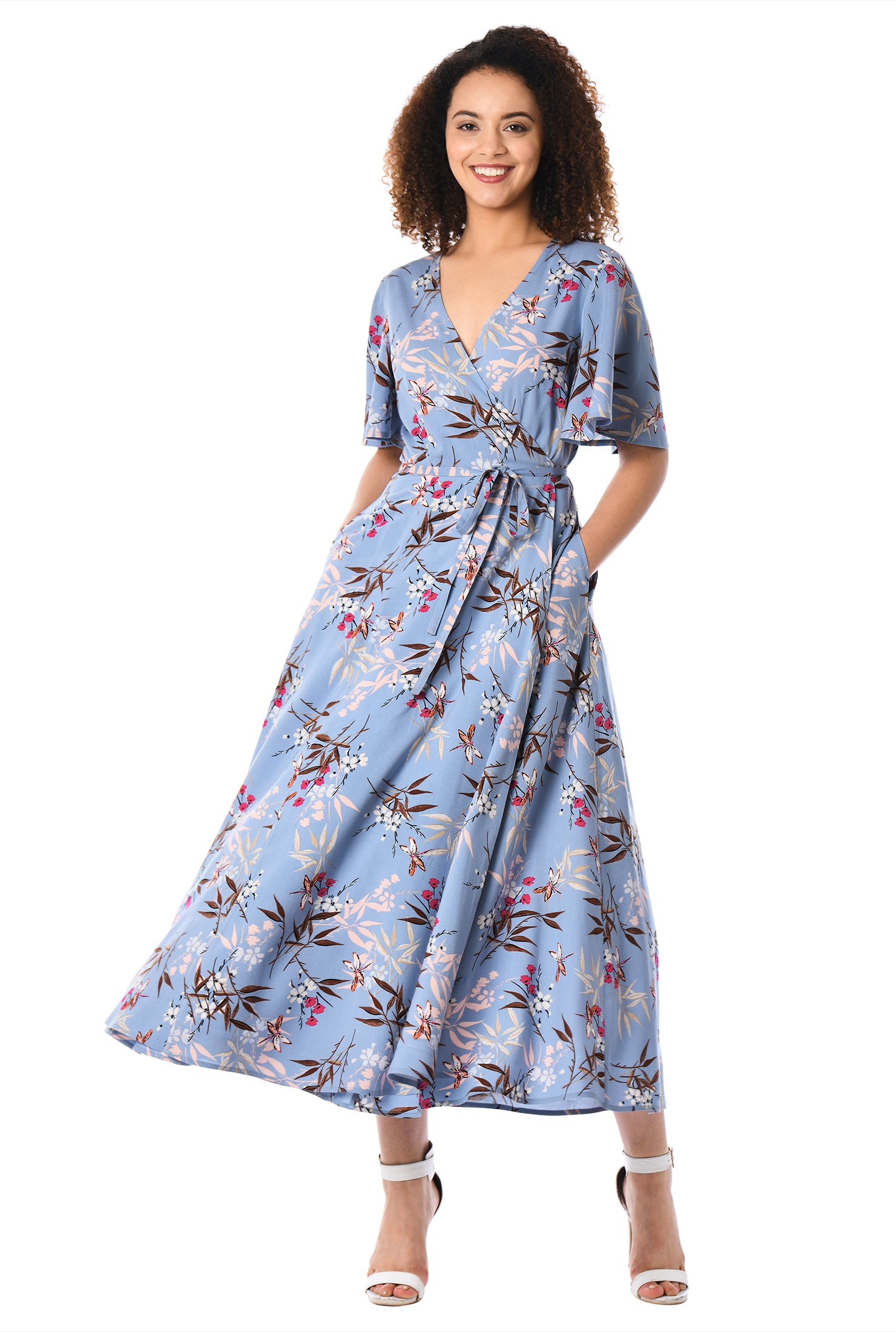 Shop Flutter sleeve floral print wrap dress | eShakti