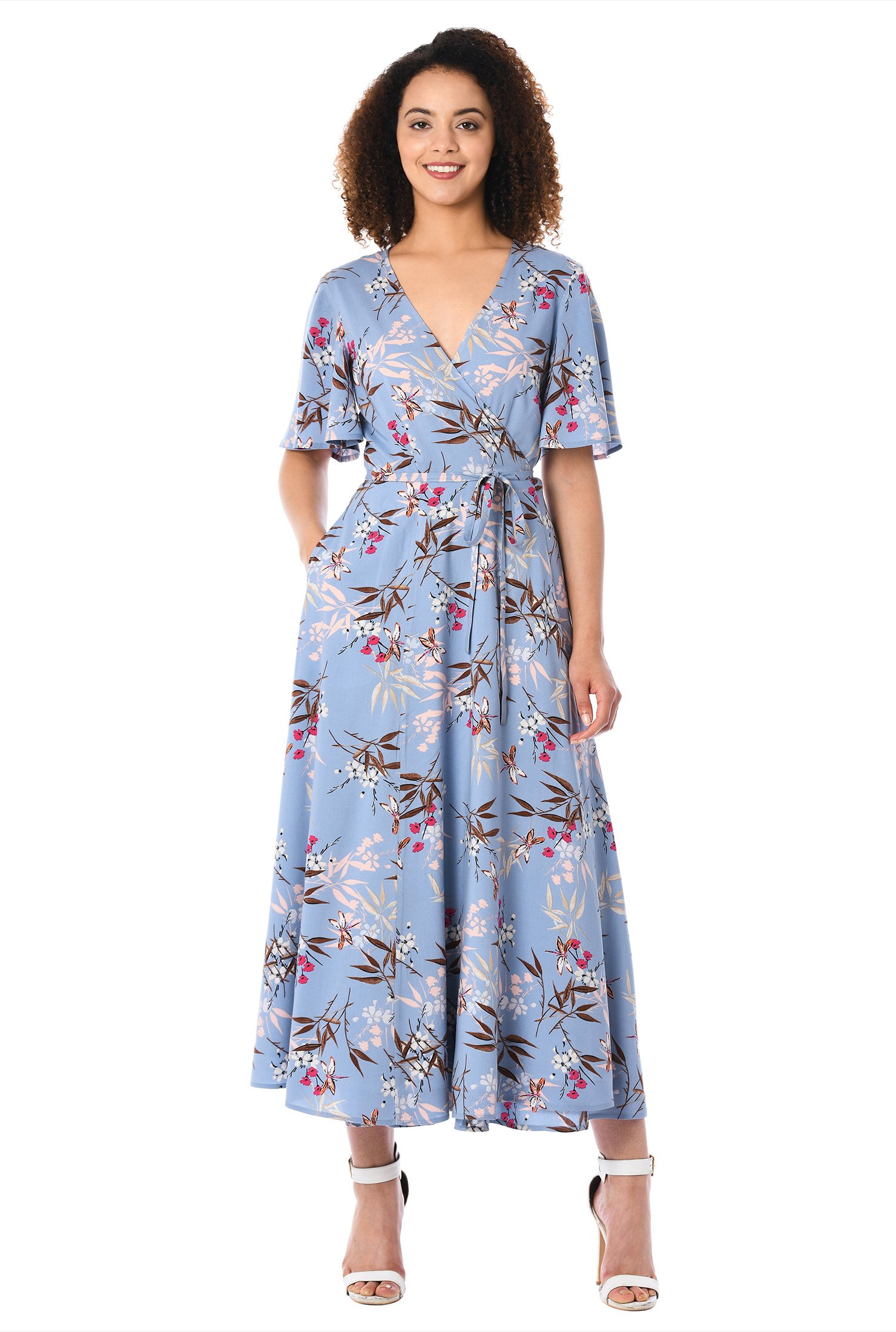 Shop Flutter sleeve floral print wrap dress | eShakti