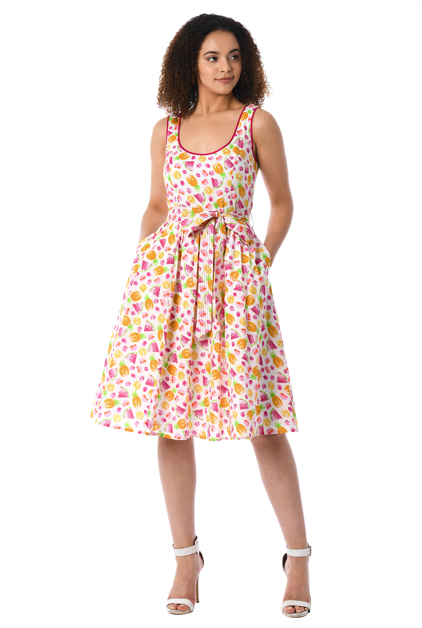 Shop Tropical fruit print contrast trim cotton dress eShakti