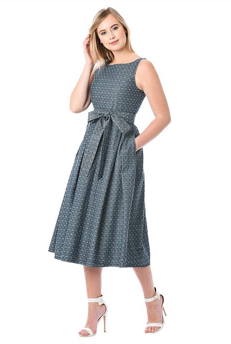 Shop Diamond jacquard cotton denim sash tie dress | eShakti