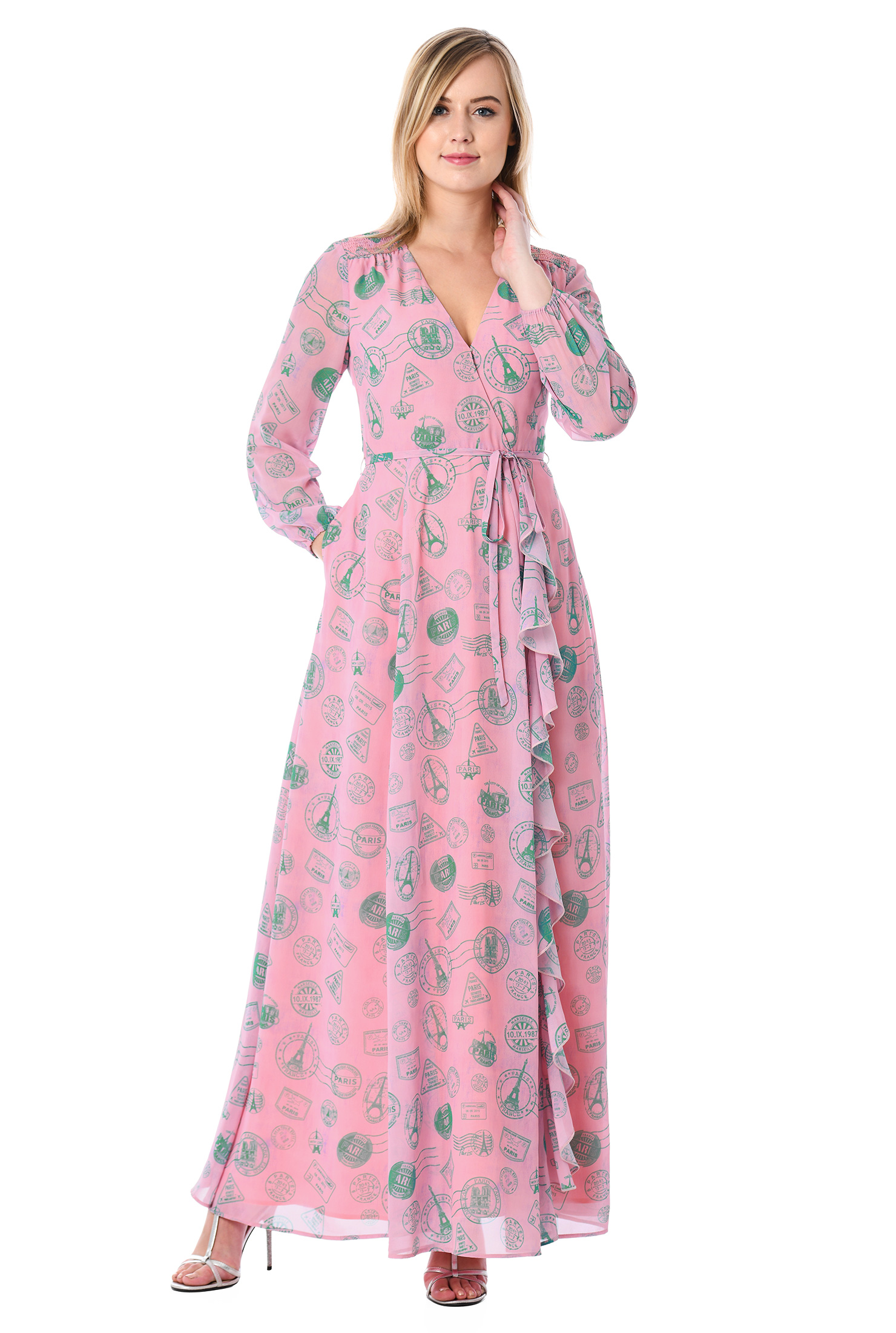 Shop Vintage travel stamp print fauxwrap dress eShakti