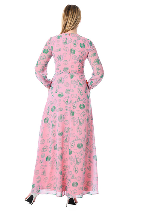 Shop Vintage travel stamp print georgette faux-wrap dress eShakti